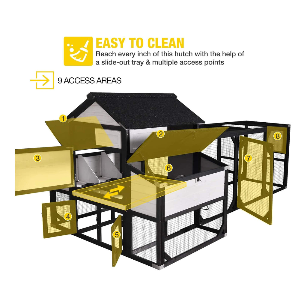 Large 118-Inch Outdoor Wooden Chicken Coop With Extended Run And 6 Nesting Boxes [8-10 Chickens] (SAK63940) - Saksby Wholesale - Access Areas Details