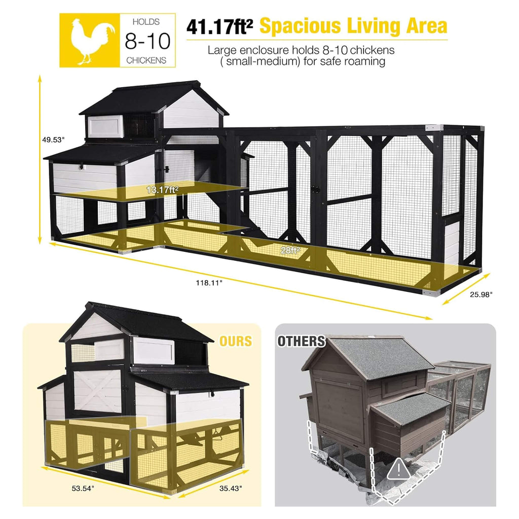 Large 118-Inch Outdoor Wooden Chicken Coop With Extended Run And 6 Nesting Boxes [8-10 Chickens] (SAK63940) - Saksby Wholesale - Dimensions