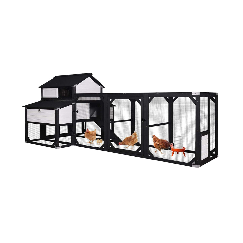 Large 118-Inch Outdoor Wooden Chicken Coop With Extended Run And 6 Nesting Boxes [8-10 Chickens] (SAK63940) - Saksby Wholesale - Front View With Chickens