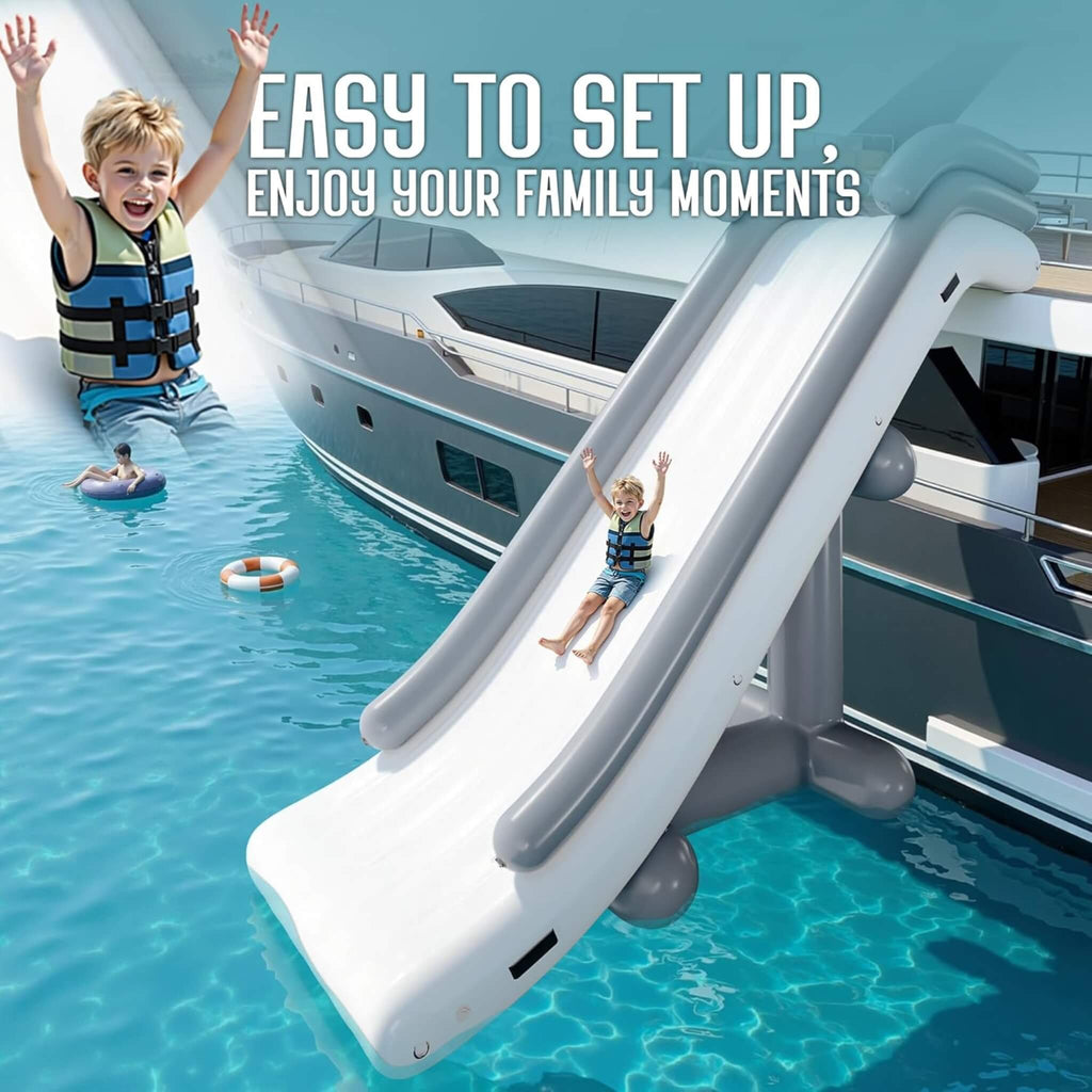 Large 16FT Commercial Inflatable Yacht Water Slide With Pump (SAK48172) - Saksby Wholesale - Lifestyle Image With Kid Sliding