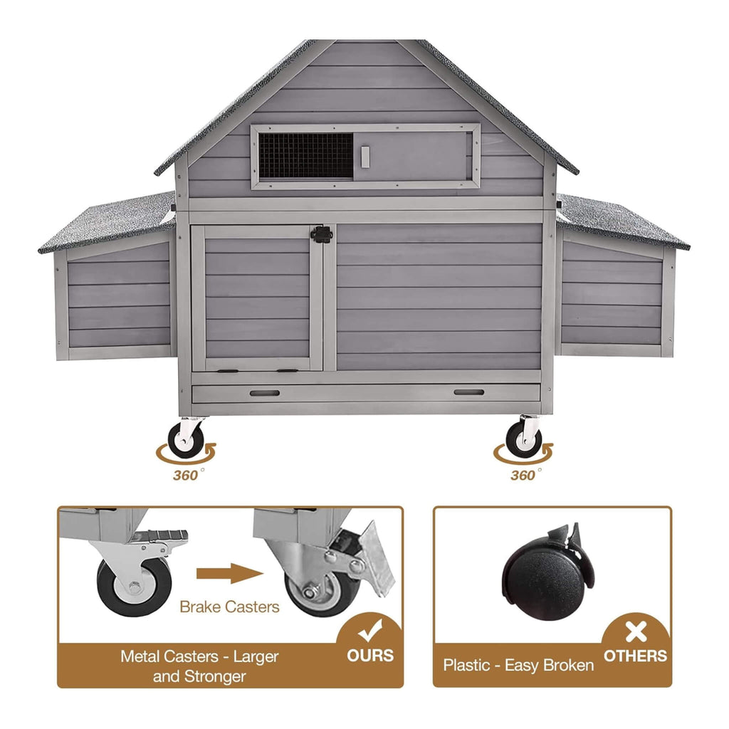 Large 63-Inch Movable Wooden Hen House With Wheels And Nesting Box (SAK50791) - Saksby Wholesale - Metal Casters View