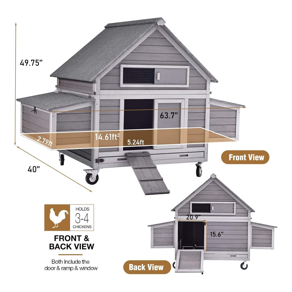 Large 63-Inch Movable Wooden Hen House With Wheels And Nesting Box (SAK50791) - Saksby Wholesale - Dimensions View