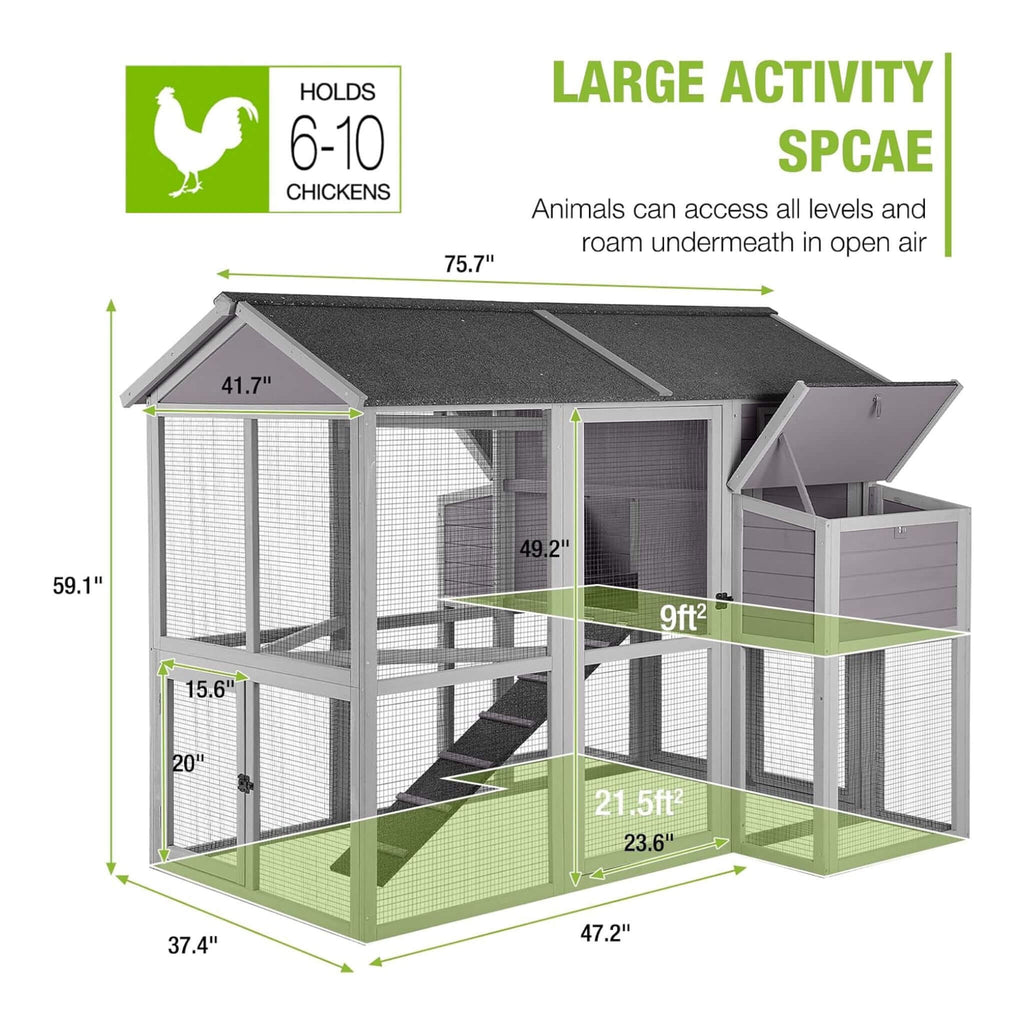 Large 76-Inch Outdoor Chicken Hen House With Sleeping Area And Run [6-10 Chickens] (SAK56431) - Saksby Wholesale - Capacity View