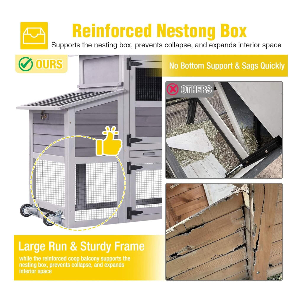 Large 83-Inch Mobile Chicken Coop With Wheels And Nesting Box [4-6 Chickens] (SAK81360) - Saksby Wholesale - Nesting Box View