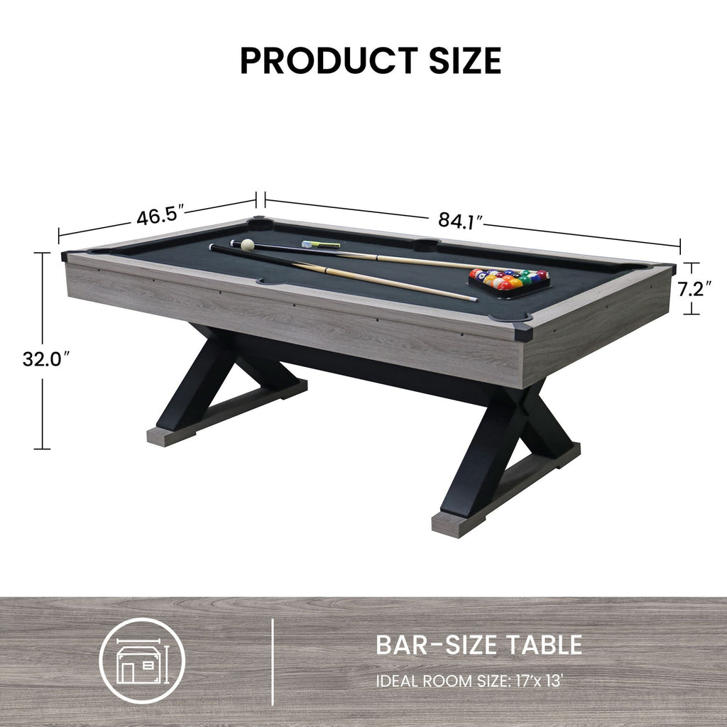 Large 84-Inch Rustic Gray Pool Table With Cues, Balls And X-Legs (SAK54361) - Saksby Wholesale - Dimension View