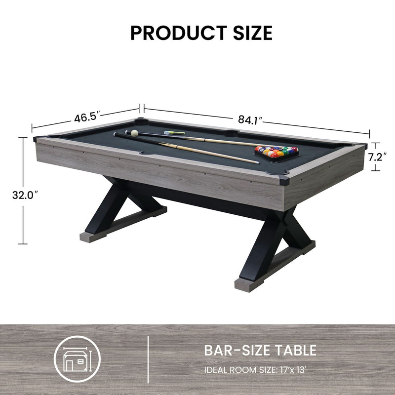 Large 84-Inch Rustic Gray Pool Table With Cues, Balls And X-Legs (SAK54361) - Saksby Wholesale - Dimension View