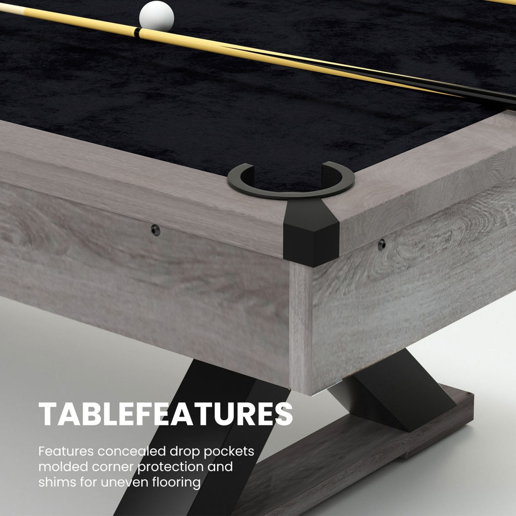 Large 84-Inch Rustic Gray Pool Table With Cues, Balls And X-Legs (SAK54361) - Saksby Wholesale - Table Features View