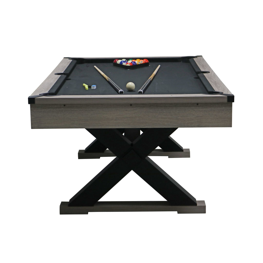 Large 84-Inch Rustic Gray Pool Table With Cues, Balls And X-Legs (SAK54361) - Saksby Wholesale - Front View