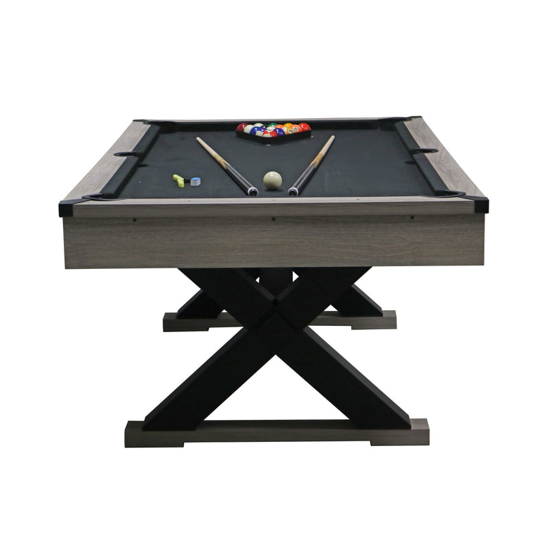 Large 84-Inch Rustic Gray Pool Table With Cues, Balls And X-Legs (SAK54361) - Saksby Wholesale - Front View
