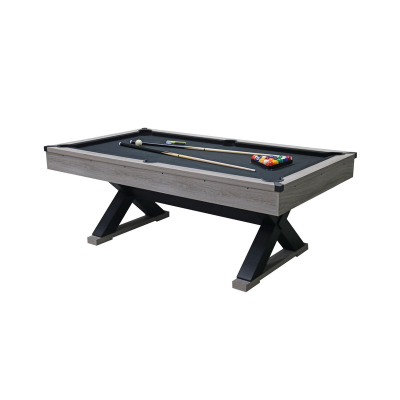 Large 84-Inch Rustic Gray Pool Table With Cues, Balls And X-Legs (SAK54361) - Saksby Wholesale - Front Left View