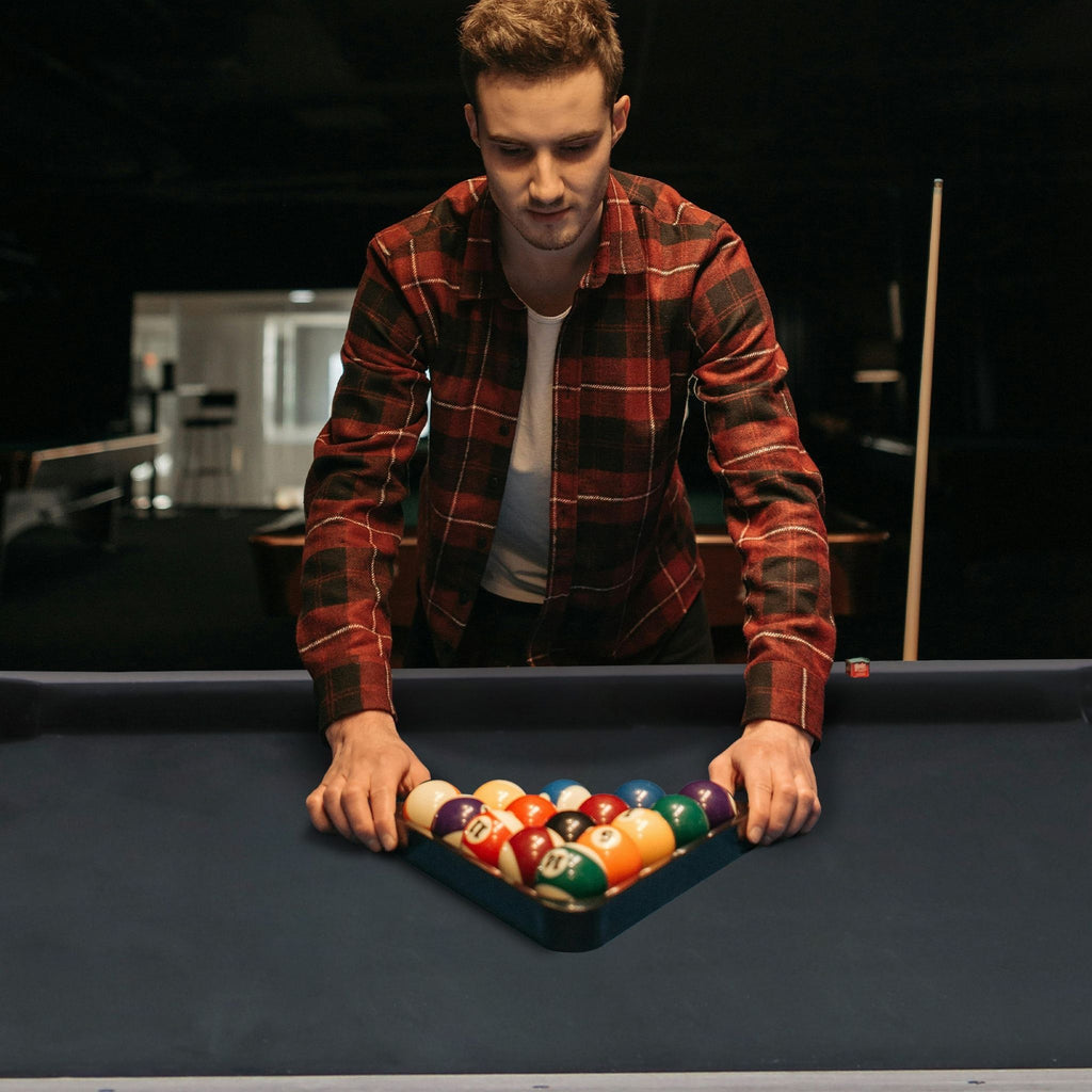 Large 84-Inch Rustic Gray Pool Table With Cues, Balls And X-Legs (SAK54361) - Saksby Wholesale - With Man View