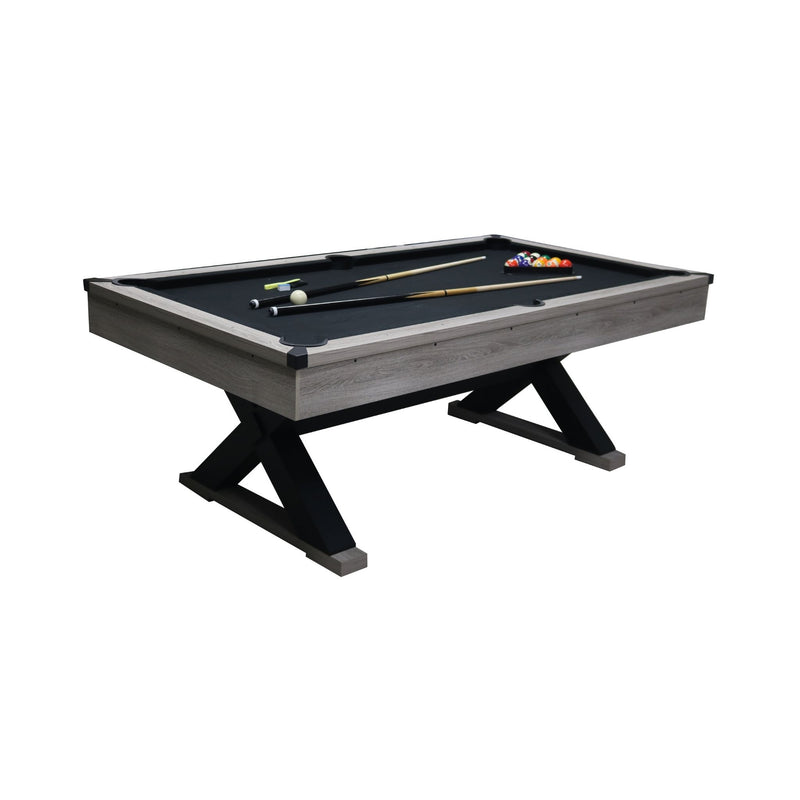 Large 84-Inch Rustic Gray Pool Table With Cues, Balls And X-Legs (SAK54361) - Saksby Wholesale - Front Right View