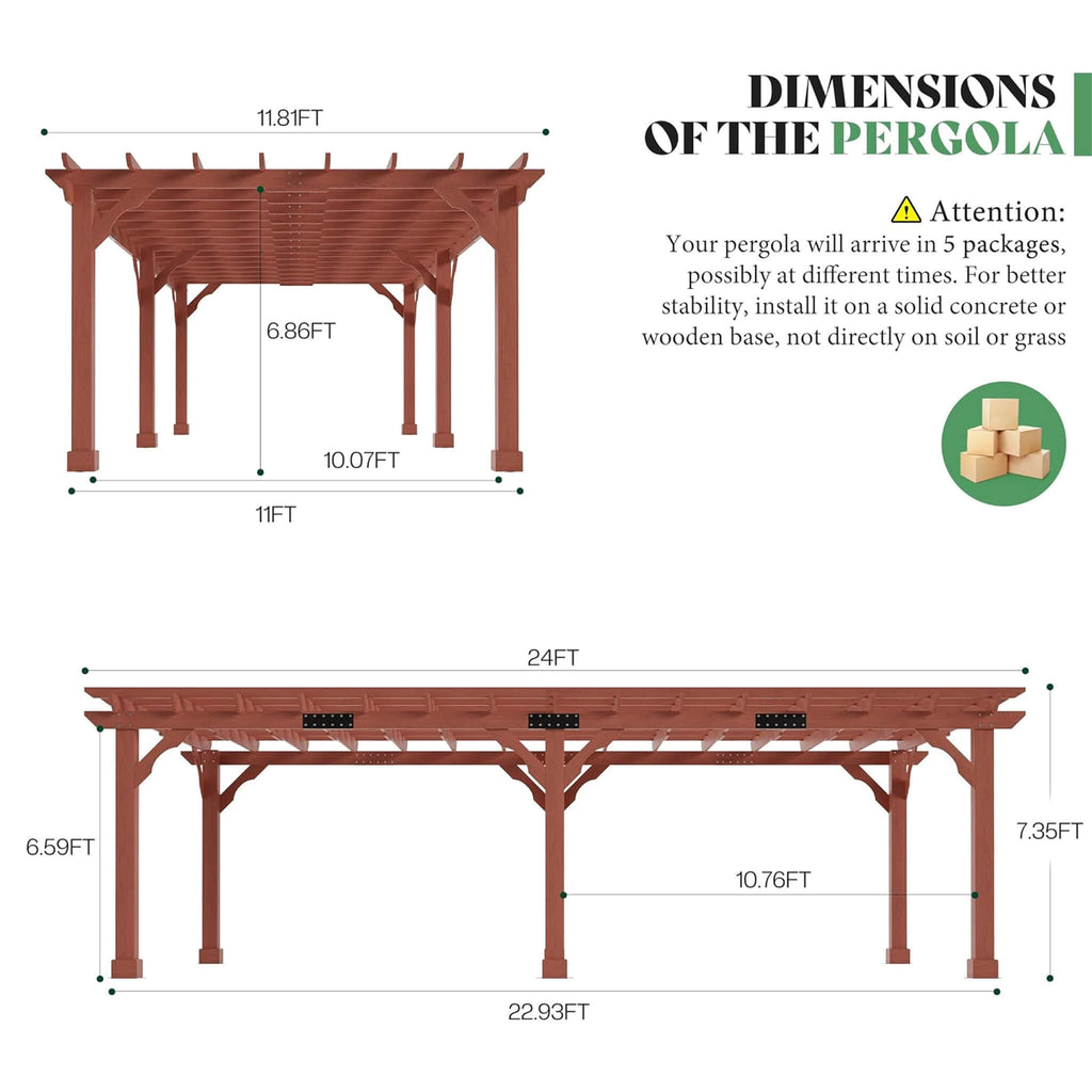 Large Outdoor Cedar Wood Pergola Kit With Slatted Roof (SAK31064) - Saksby Wholesale - 12X24FT Dimensions