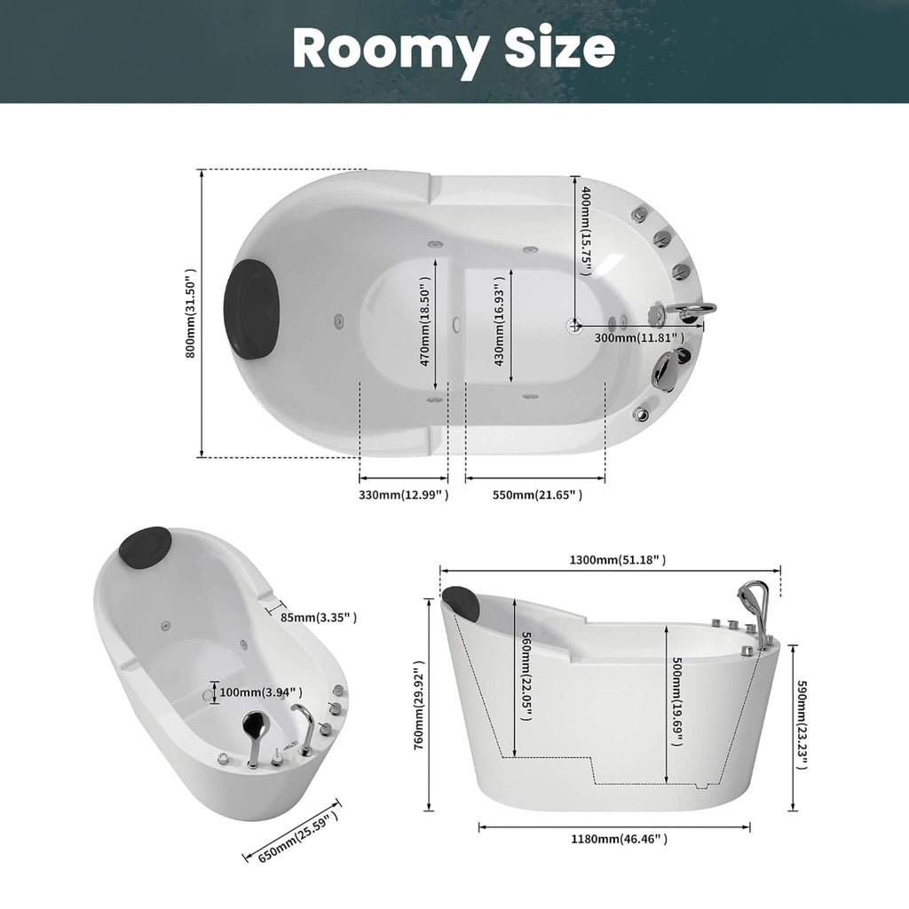 Large Premium Acrylic Whirlpool Tub With Air Jets Pillow And Seat (SAK17326) - Saksby Wholesale - Dimensions
