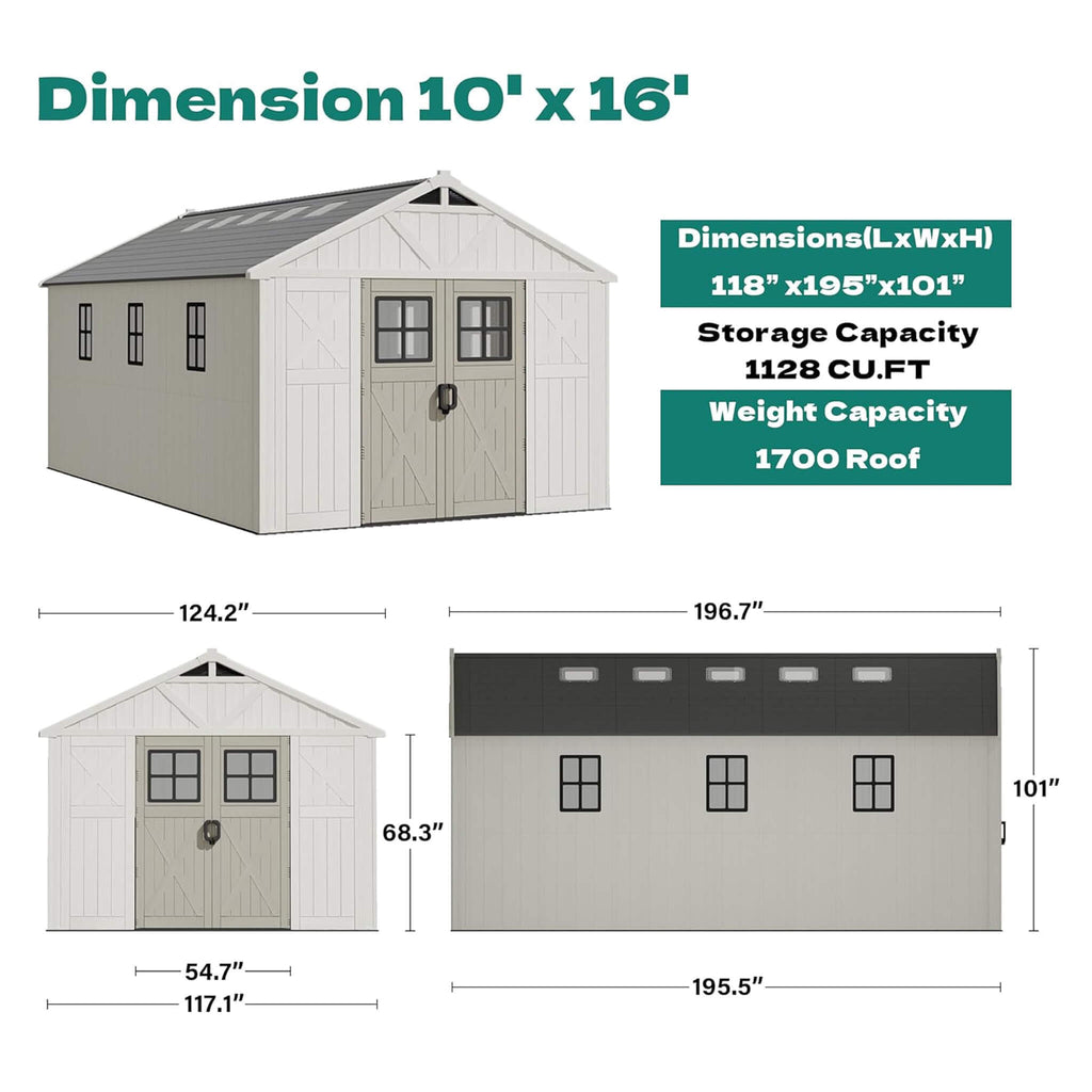 Large Resin Outdoor Storage Shed With Floor, Windows, And Lockable Door (SAK98421) - Saksby Wholesale - 10X16FT Dimensions