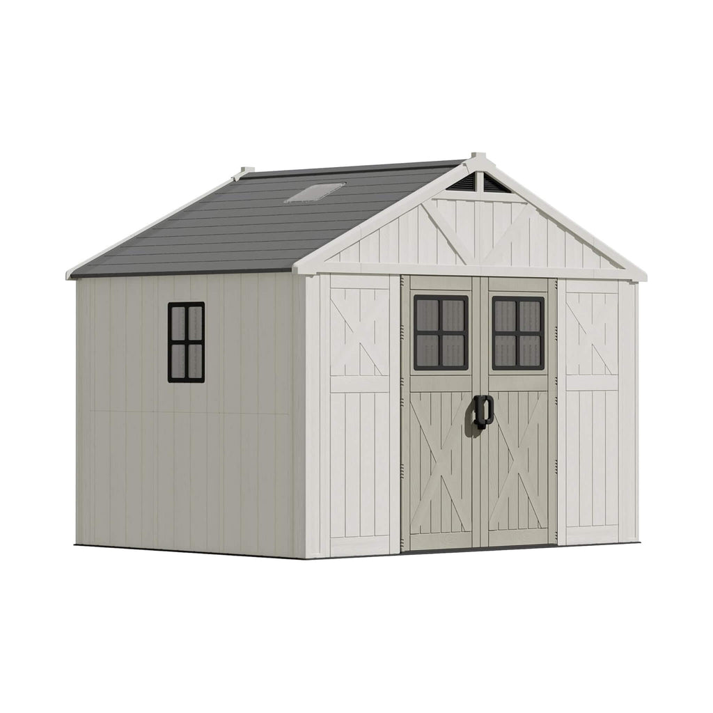 Large Resin Outdoor Storage Shed With Floor, Windows, And Lockable Door (SAK98421) - Saksby Wholesale - Front Right View On White Background