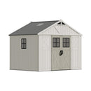 Large Resin Outdoor Storage Shed With Floor, Windows, And Lockable Door (SAK98421) - Saksby Wholesale - Front Right View On White Background
