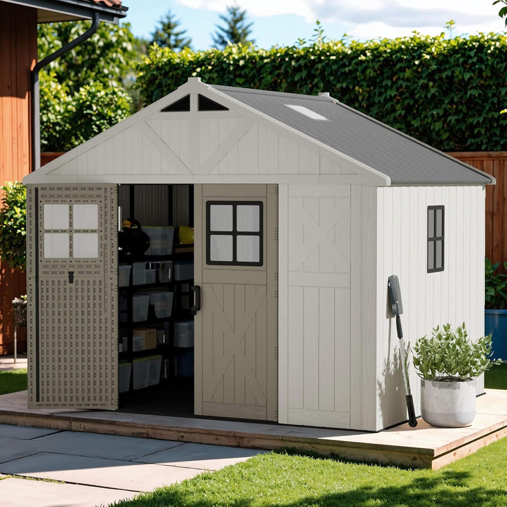 Large Resin Outdoor Storage Shed With Floor, Windows, And Lockable Door (SAK98421) - Saksby Wholesale - Lifestyle Front Left View