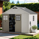 Large Resin Outdoor Storage Shed With Floor, Windows, And Lockable Door (SAK98421) - Saksby Wholesale - Lifestyle Front Left View