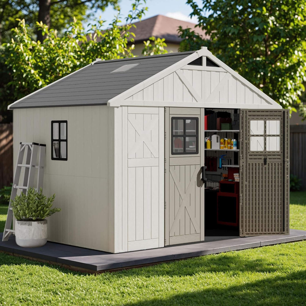 Large Resin Outdoor Storage Shed With Floor, Windows, And Lockable Door (SAK98421) - Saksby Wholesale - Lifestyle Front Right View