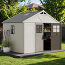 Large Resin Outdoor Storage Shed With Floor, Windows, And Lockable Door (SAK98421) - Saksby Wholesale - Lifestyle Front Right View
