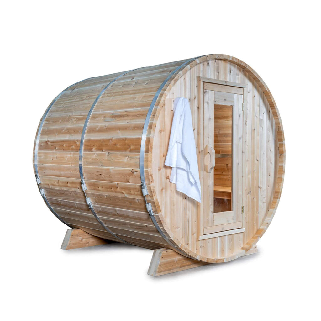 Dundalk Leisurecraft 84" 4-Person Canadian Timber Harmony Barrel Sauna With Solid Wood Benches [CTC22W] (SAK96842) - Saksby Wholesale - LEft Side View