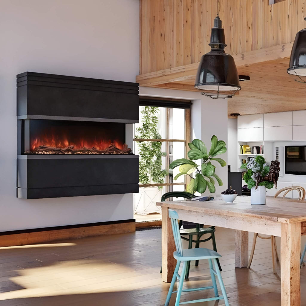 MODERN FLAMES LANDSCAPE PRO MULTI 56" Linear Multi-Sided Electric Fireplace With Hybrid Flame Technology [LPM-5616V2] SAKSBY - Kitchen View