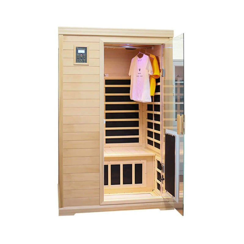 Luxury 2-Person Hemlock Wood FAR Infrared Sauna Room W/ Glass Door, 1750W (SAK81525) - Saksby Wholesale - Front View Open Door