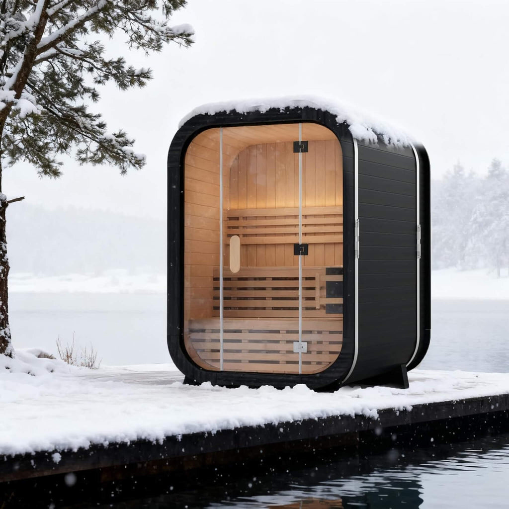 Luxury 2-Person Outdoor Cube Sauna With Spruce Wood And 4.5KW Electric Stove (SAK74290) - Saksby Wholesale - Lifestyle In Winter