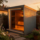 Luxury 6-Person Outdoor Traditional Steam Sauna With Square Roof And Aluminum Siding (SAK39275) - Saksby Wholesale - Lifestyle Front Right View