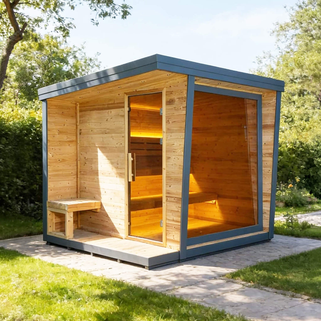 Luxury 6-Person Outdoor Traditional Steam Sauna With Square Roof And Aluminum Siding (SAK39275) - Saksby Wholesale - Lifestyle On Patio
