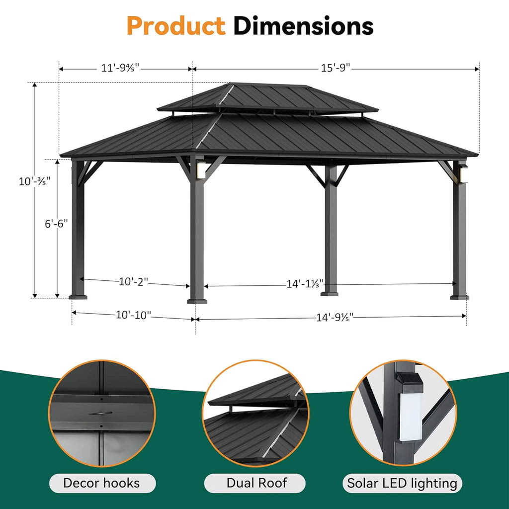 Luxury Double Roof Hardtop Aluminum Gazebo With Decor Hooks, Mosquito Nettings, And LED Lights (SAK91824) - Saksby Wholesale - 12X16FT Dimensions