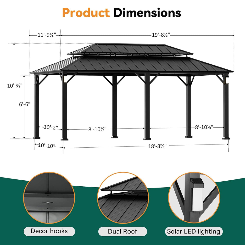 Luxury Double Roof Hardtop Aluminum Gazebo With Decor Hooks, Mosquito Nettings, And LED Lights (SAK91824) - Saksby Wholesale - 12X20FT Dimensions
