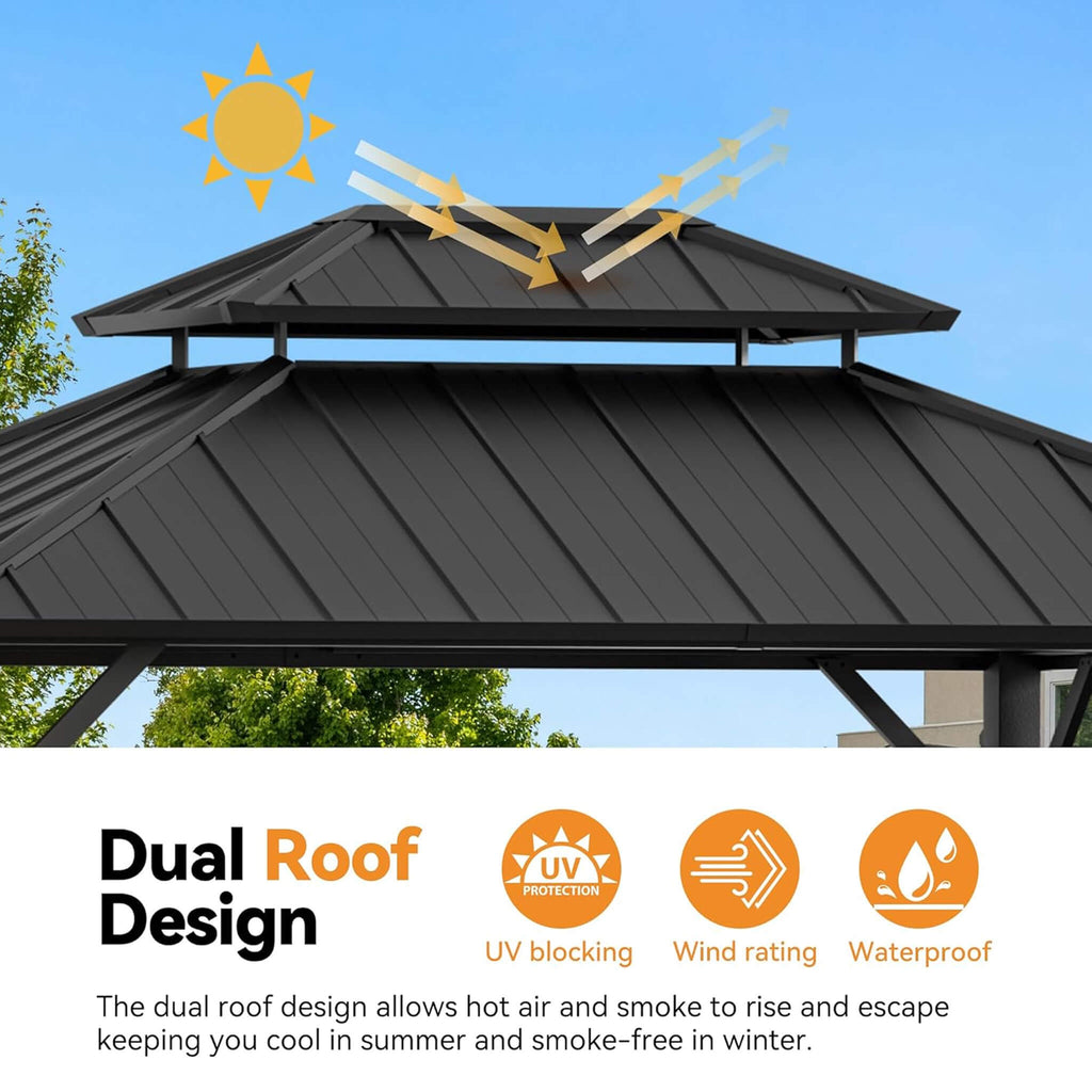 Luxury Double Roof Hardtop Aluminum Gazebo With Decor Hooks, Mosquito Nettings, And LED Lights (SAK91824) - Saksby Wholesale - Dual Roof Design