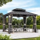 Luxury Double Roof Hardtop Aluminum Gazebo With Decor Hooks, Mosquito Nettings, And LED Lights (SAK91824) - Saksby Wholesale - Lifestyle Front Right View In Garden Daytime