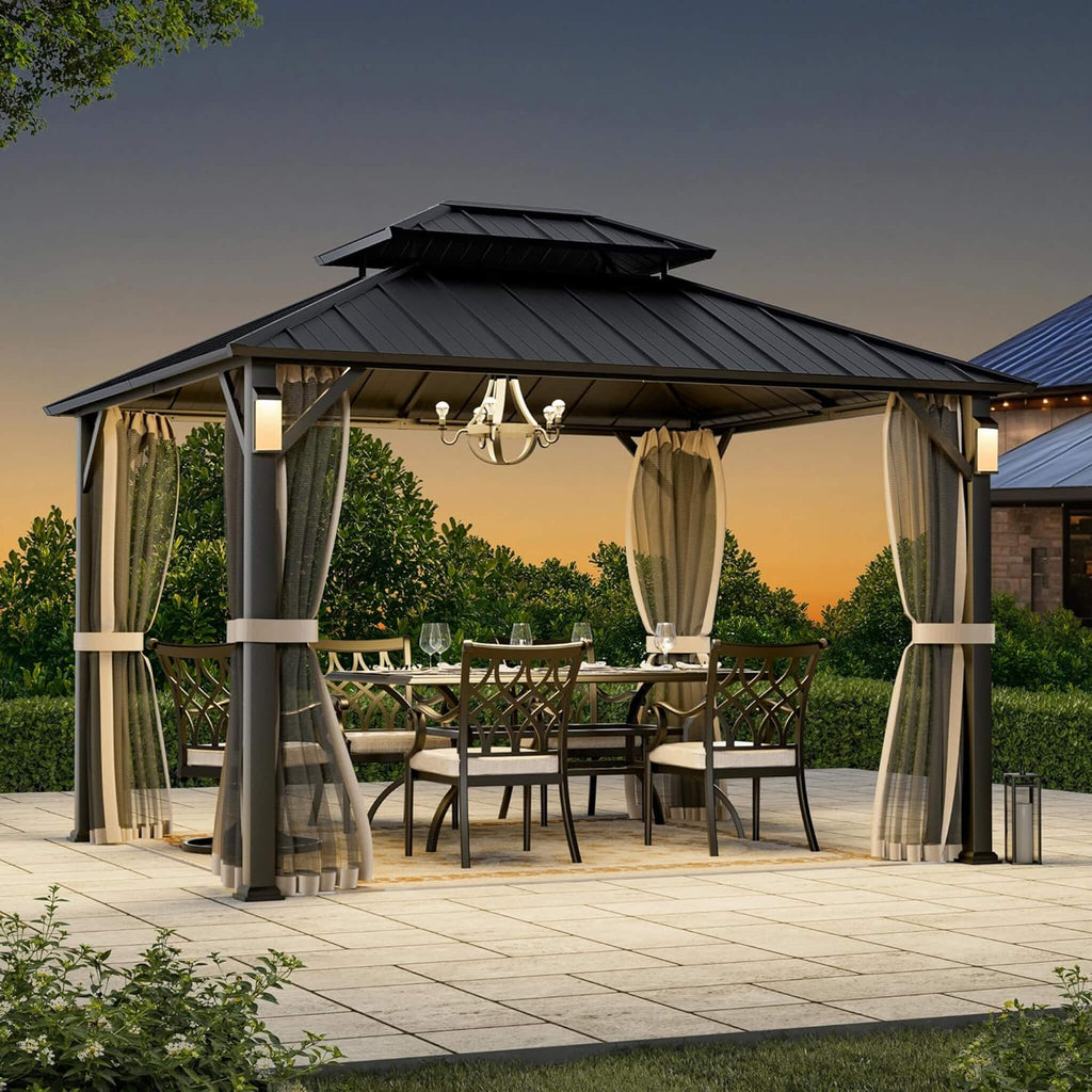 Luxury Double Roof Hardtop Aluminum Gazebo With Decor Hooks, Mosquito Nettings, And LED Lights (SAK91824) - Saksby Wholesale - Lifestyle Front Right view In Garden Evening