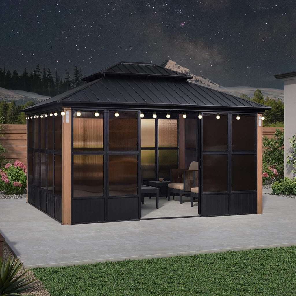 Luxury Heavy-Duty Hardtop Sunroom With Aluminum Frame And LED Lights (SAK79102) - Saksby Wholesale - 12X14FT Lifestyle On Grass Nighttime