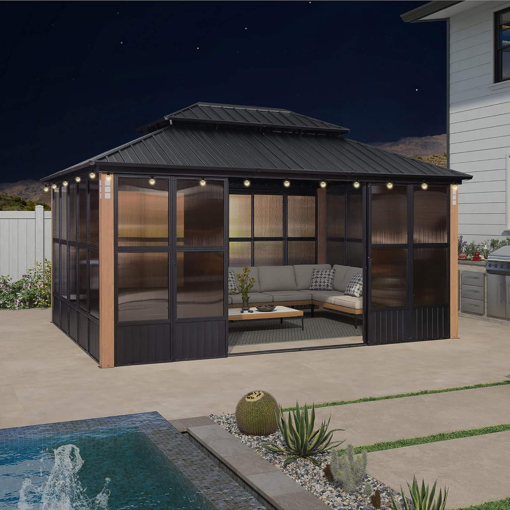 Luxury Heavy-Duty Hardtop Sunroom With Aluminum Frame And LED Lights (SAK79102) - Saksby Wholesale - 12X16FT Lifestyle On Patio Nighttime