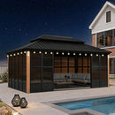 Luxury Heavy-Duty Hardtop Sunroom With Aluminum Frame And LED Lights (SAK79102) - Saksby Wholesale - 12X18FT Lifestyle On Patio Nighttime