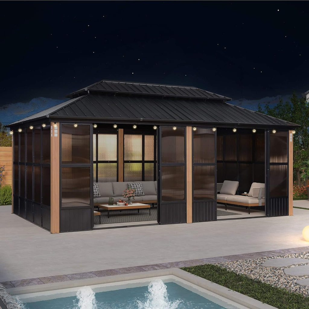 Luxury Heavy-Duty Hardtop Sunroom With Aluminum Frame And LED Lights (SAK79102) - Saksby Wholesale - 12X20FT Lifestyle On Patio Nighttime
