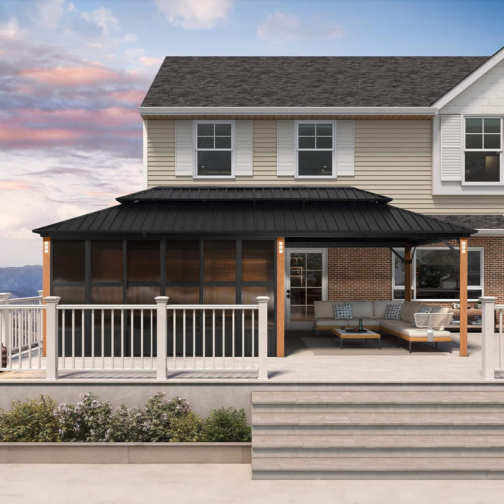 Luxury Heavy-Duty Hardtop Sunroom With Aluminum Frame And LED Lights (SAK79102) - Saksby Wholesale - 12X24FT Lifestyle On Patio Daytime