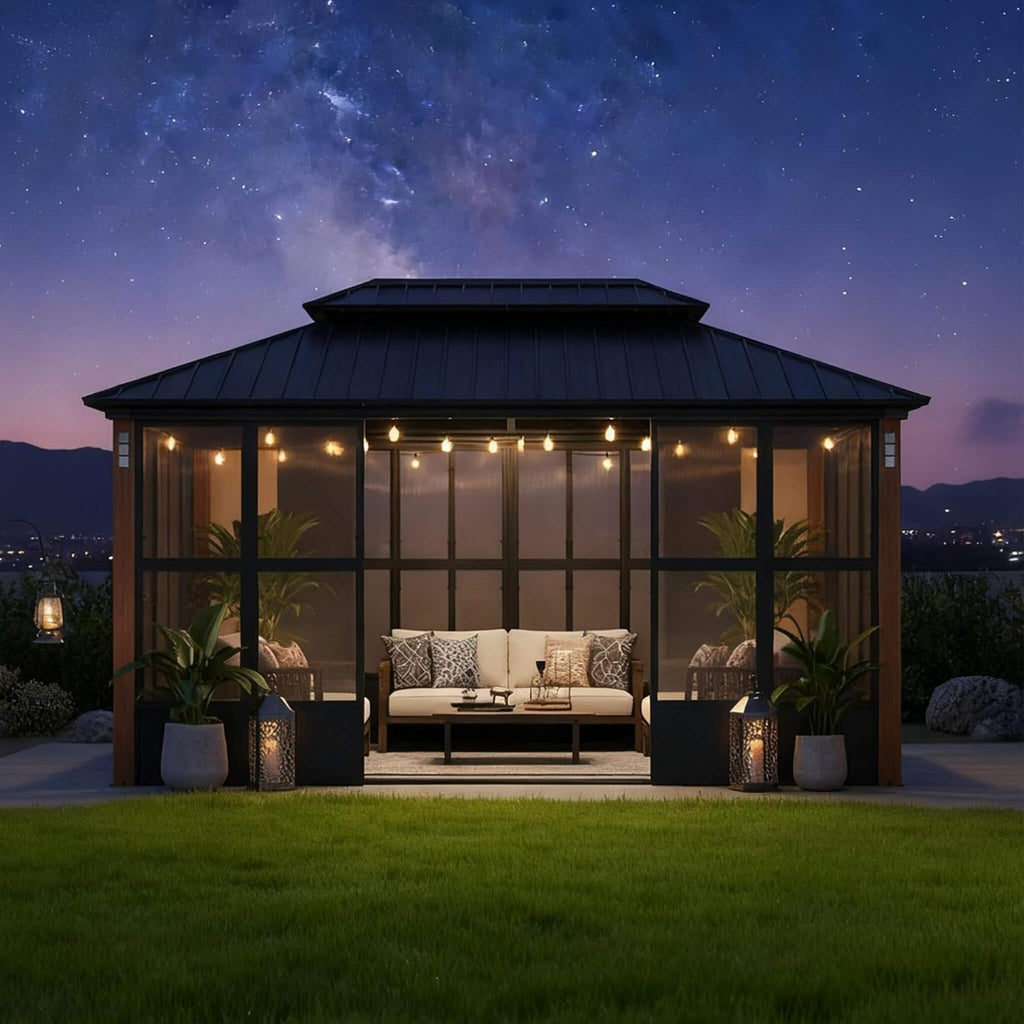 Luxury Heavy-Duty Hardtop Sunroom With Aluminum Frame And LED Lights (SAK79102) - Saksby Wholesale - Lifestyle On Grass Nighttime