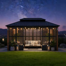 Luxury Heavy-Duty Hardtop Sunroom With Aluminum Frame And LED Lights (SAK79102) - Saksby Wholesale - Lifestyle On Grass Nighttime