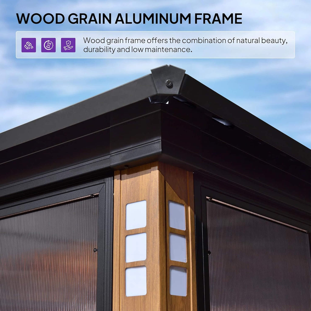 Luxury Heavy-Duty Hardtop Sunroom With Aluminum Frame And LED Lights (SAK79102) - Saksby Wholesale - Wood Grain Frame