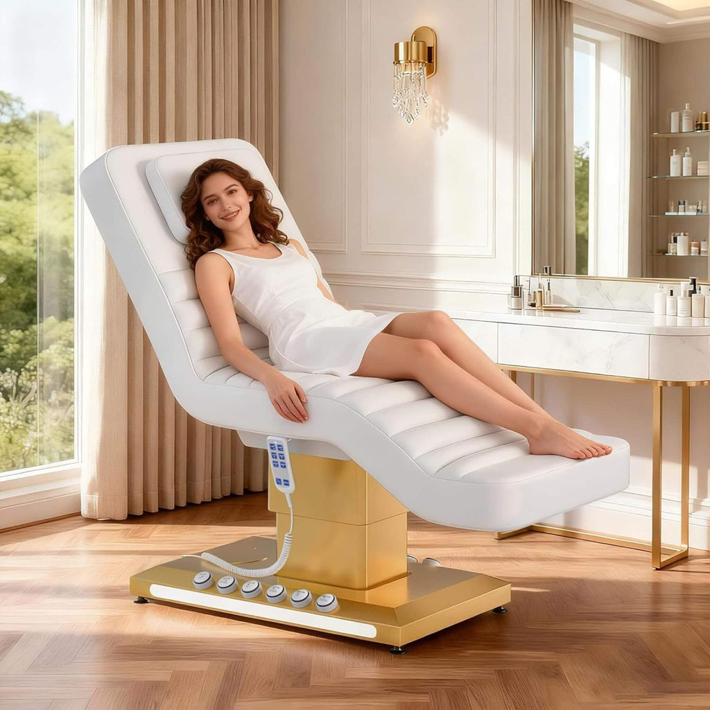 Luxury Height Adjustable 4-Motor Electric Massage Table With Lift And Foot Pedal (SAK63297) - Saksby Wholesale - Lifestyle Image With Women