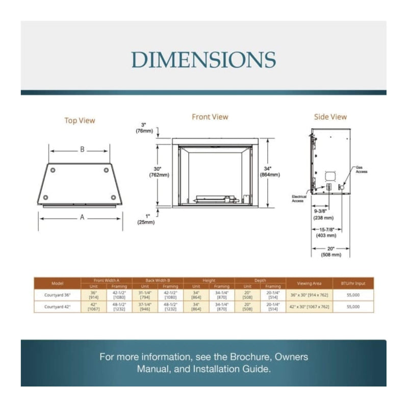 MAJESTIC COURTYARD 55K BTU 42" Traditional Outdoor Gas Fireplace With Stacked Concrete Refractory [ODCOUG-42TS] SAKSBY - Dimensions View