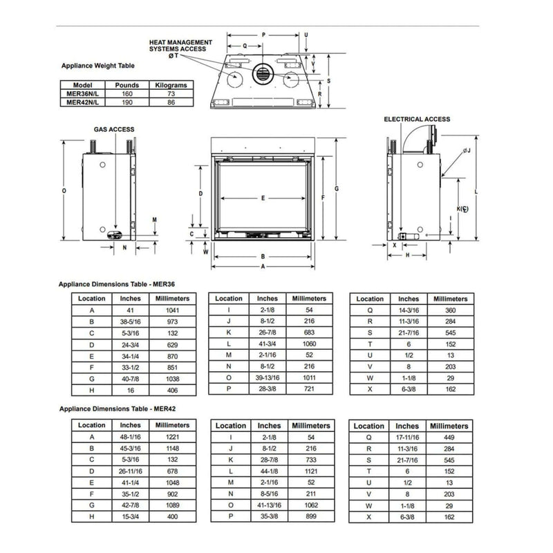 Majestic Meridian 42" Natural Gas Fireplace [MER42N] SAKSBY - Dimensions View