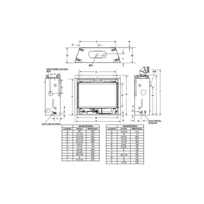 Majestic Quartz 32" Direct Vent Natural Gas Fireplace [QUARTZ32IFTN]  SAKSBY - Dimensions View