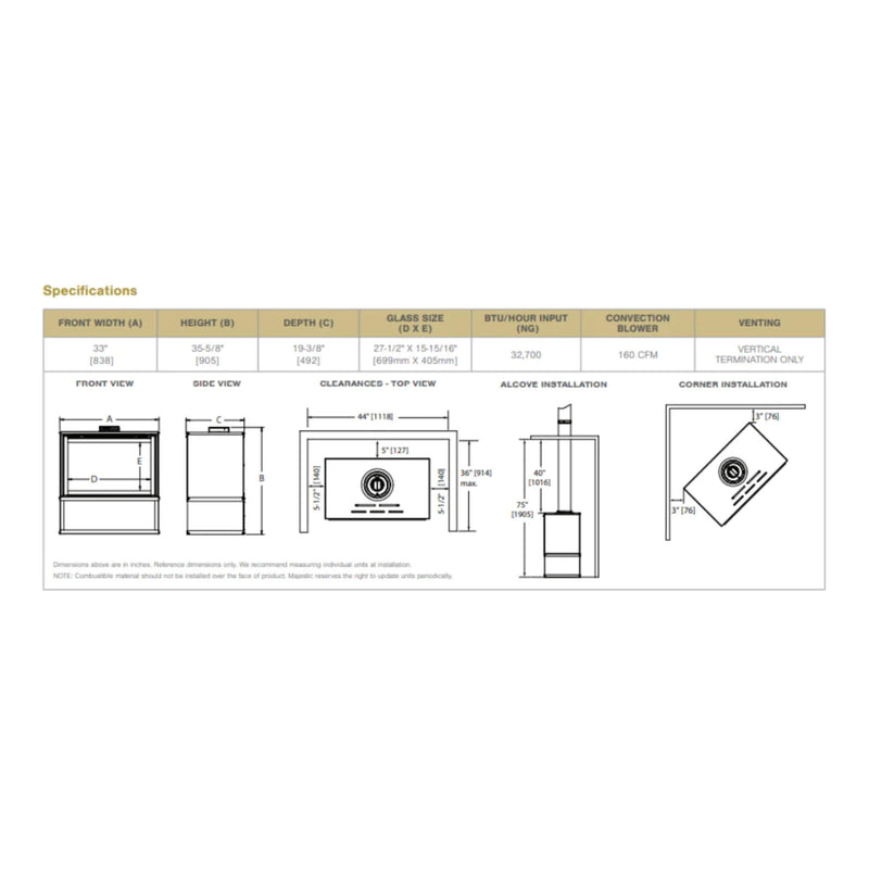 MAJESTIC RUBY 30" Direct Vent Natural Gas Insert With Intellifire Touch Ignition [RUBY30IN] SAKSBY - Dimensions View