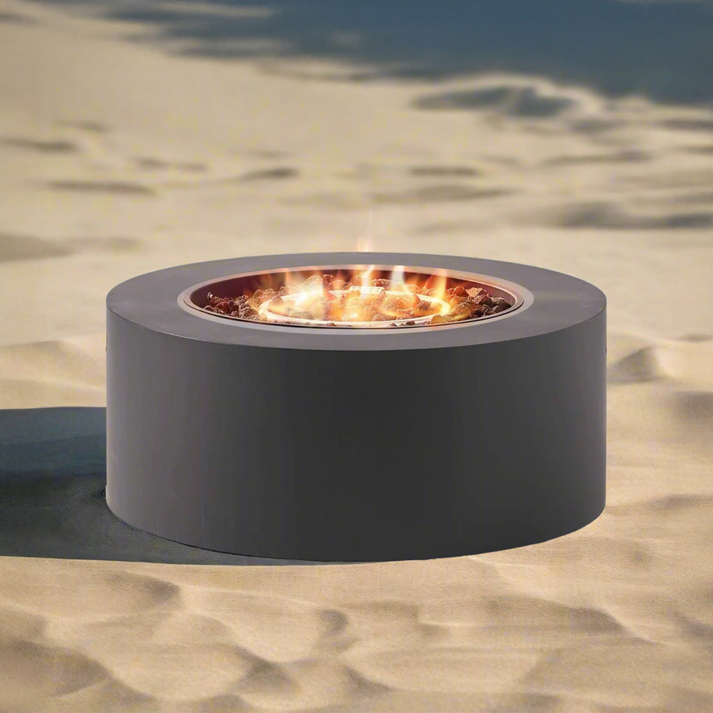 Modern Outdoor Fire Pit On A Sandy Beach With Flames In The Background - Saksby Wholesale